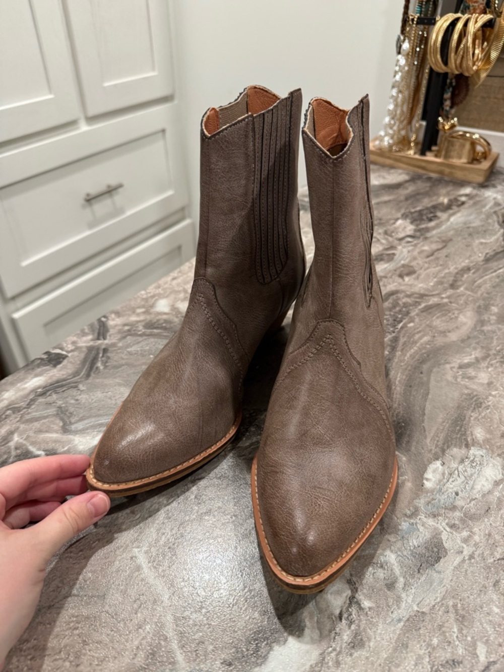 Women's Taupe Western Ankle Booties with Low Stack Heel - Picture 2 of 8
